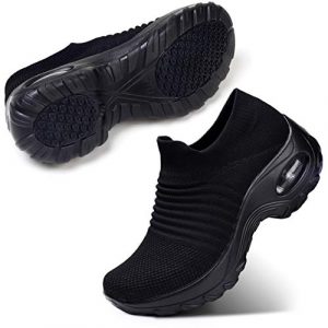 STQ Women’s Slip On Walking Shoes Lightweight Mesh Casual Running Jogging Sneakers with Air Cushion Sole All Black, 10